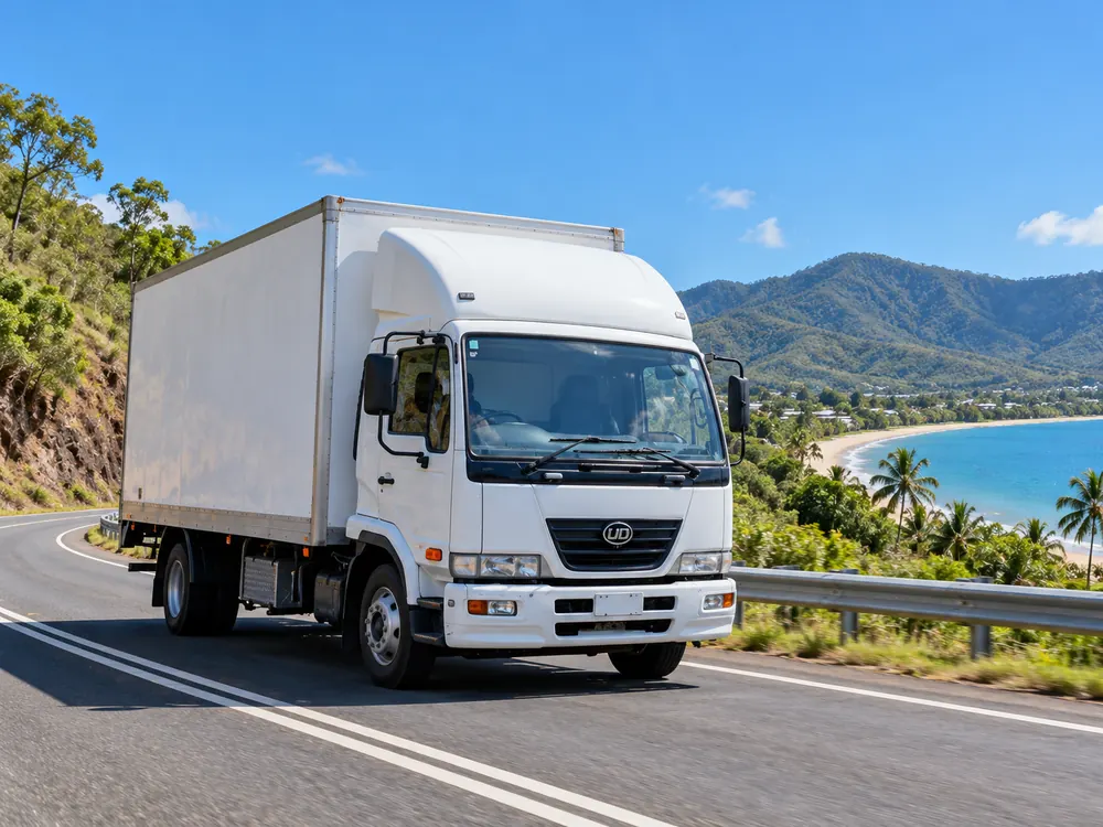 White box truck travelling on a coastal Queensland road